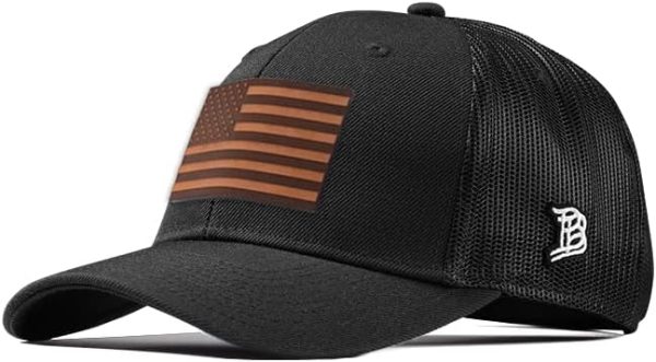 Branded Bills Old Glory Tan Leather Black Curved Trucker, Lightweight, Comfortable Baseball Cap