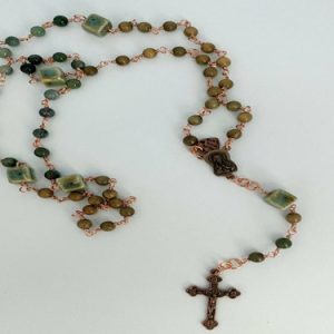 Copper-Wrapped Moss Agate and Green Sandalwood Rosary – Timeless